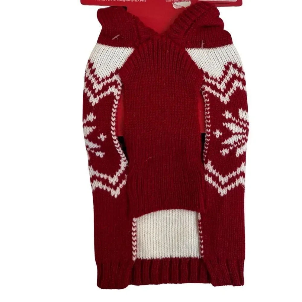 Friends Forever Knit Pet Holiday Snowflake Red White Ugly Sweater Hooded Pom NWT - Picture 6 of 9